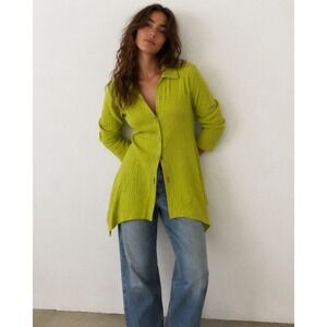 Soft Surroundings Tunic Womens Medium Green Seersucker Toggle Button Sharkbite